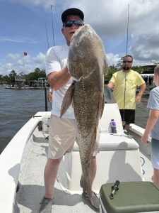 Customer holding a big black drum caught during an inshore fishing charter near Pensacola Beach