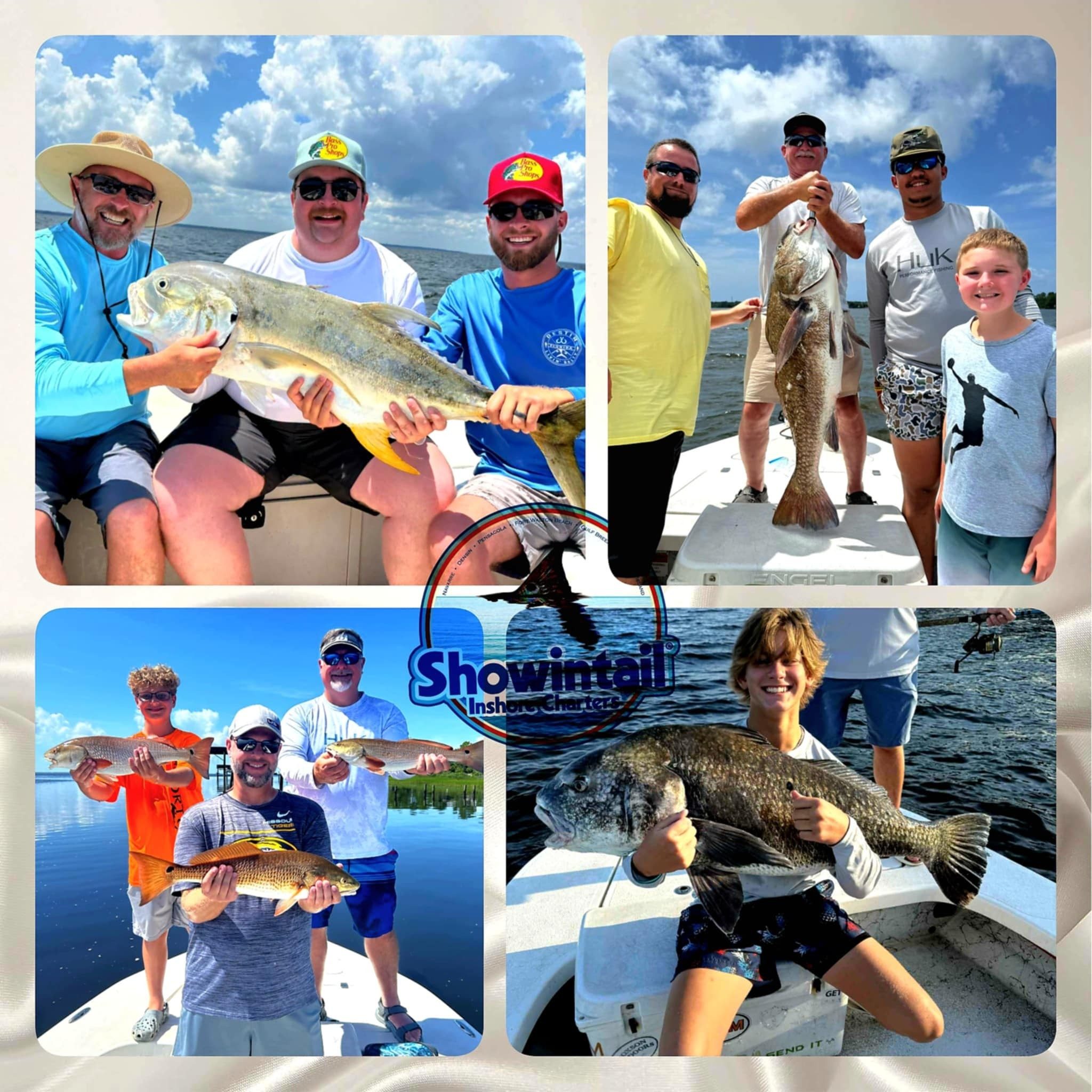 Military dad and child holding redfish on Navarre fishing charter near Hurlburt Field