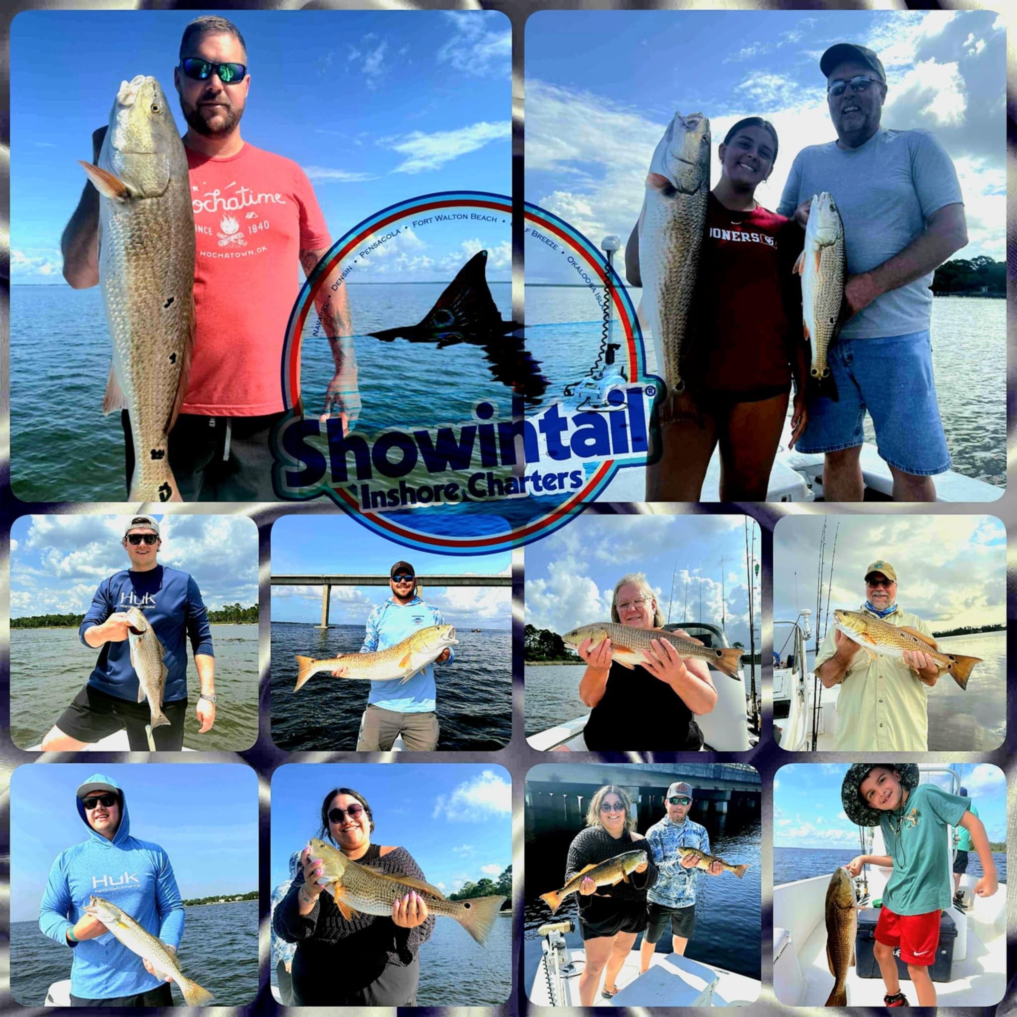 Angler holding a redfish on a Navarre Beach fishing charter with Showintail Inshore Charters
