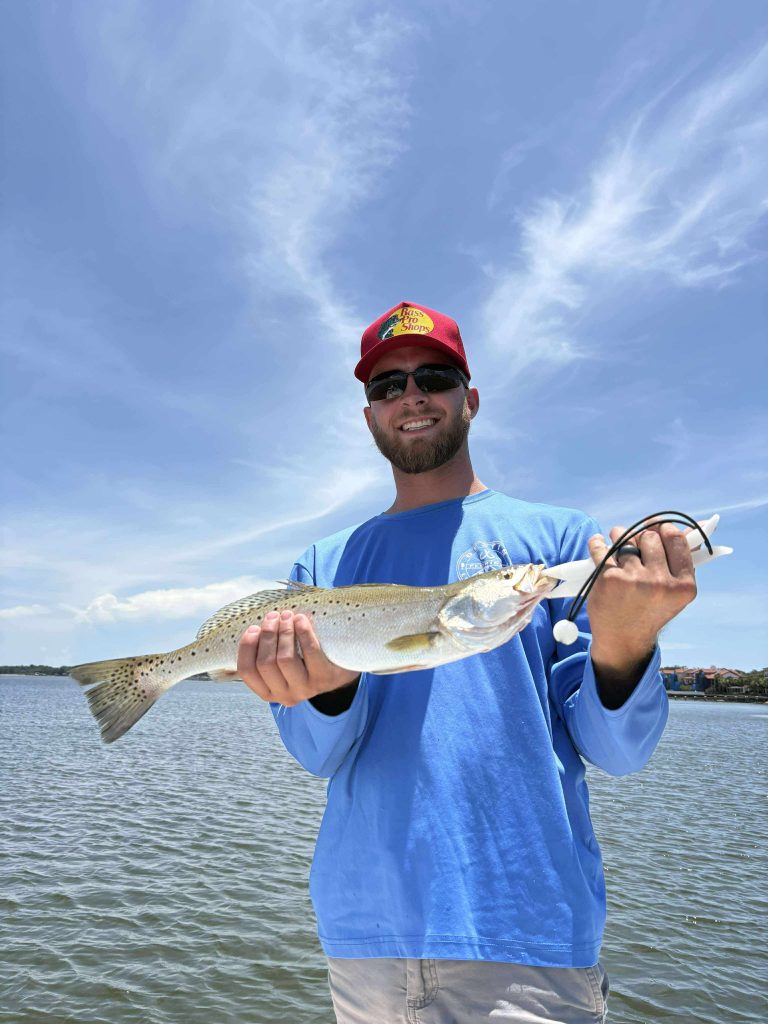 A large Speckled Trout caught on a 4-hour inshore charter in the grass flats of Navarre Beach.
